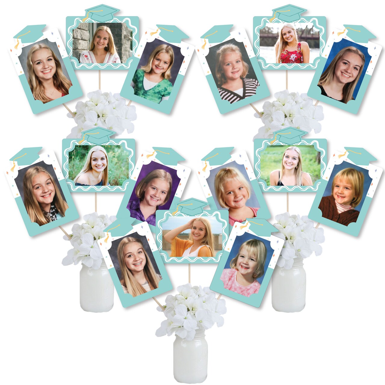Big Dot of Happiness Mint Green Graduation Photo Display Centerpiece Kit, 15 Table Topper Sticks Light Green Vertical & Horizontal 4x6 Picture Holders